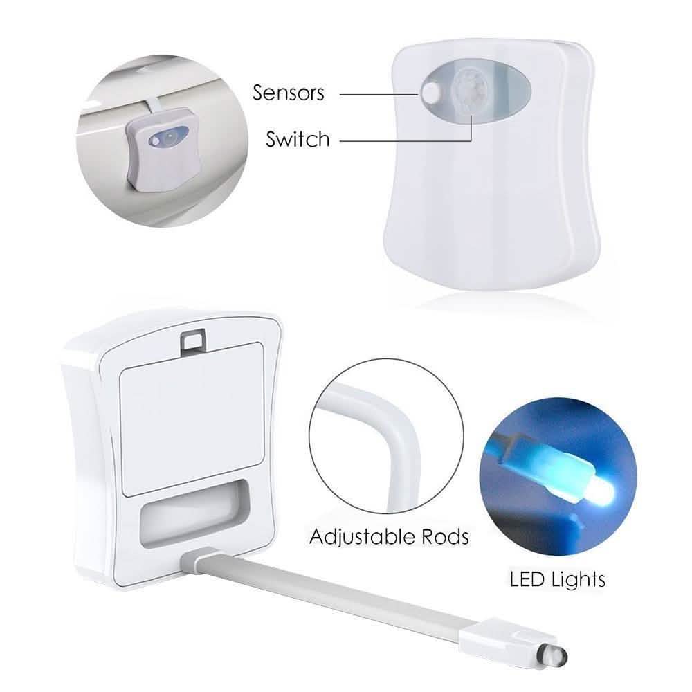 White LED toilet light with sensor, switch, adjustable rods, and built-in LEDs