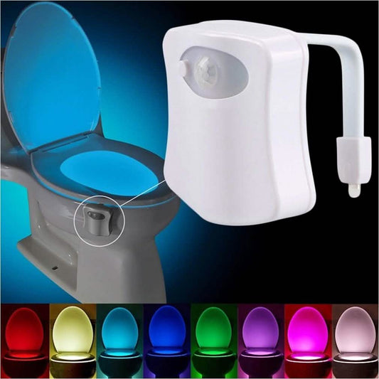 Bathroom motion-activated LED toilet light with glowing sensor head and light ring