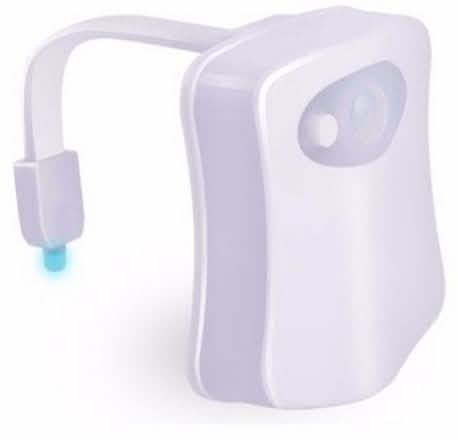 White motion-sensor LED toilet light with extending cord and clip bracket