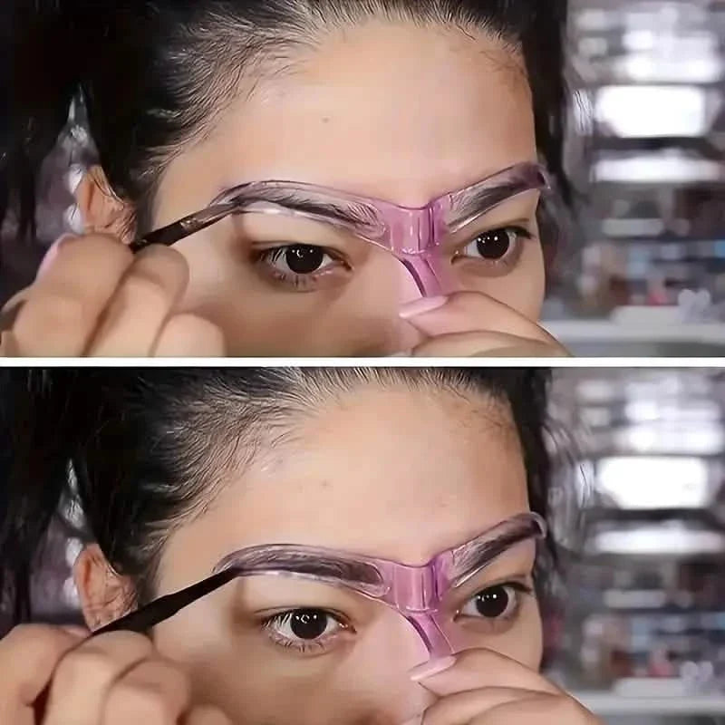 Eyebrow shaping stencil, purple U-shaped guide frame held against the brows