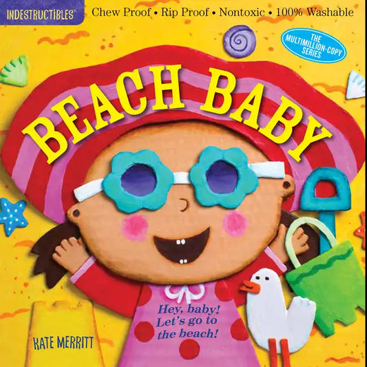 Paperback children's book cover with cartoon baby in a sun, text 'Beach Baby'