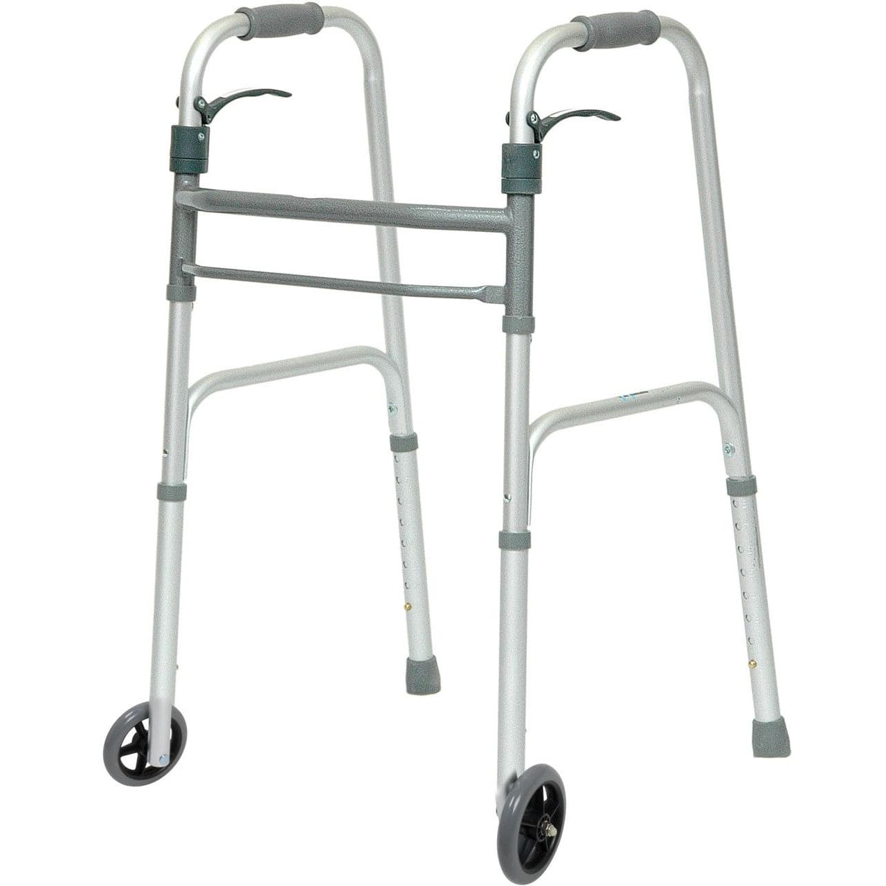 Adult aluminum walker with wheels and trigger, gray grips, white frame