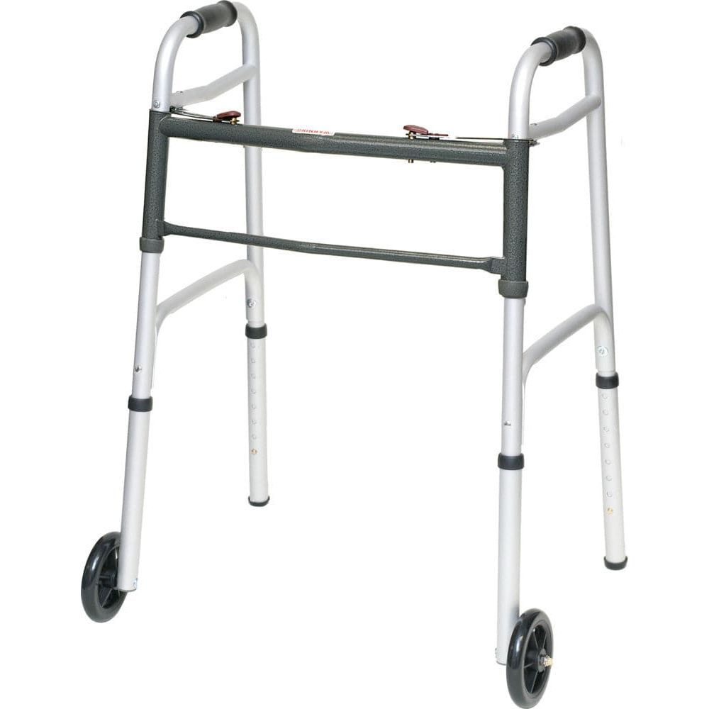 Folding walker with two front wheels, padded hand grips, and two-button release