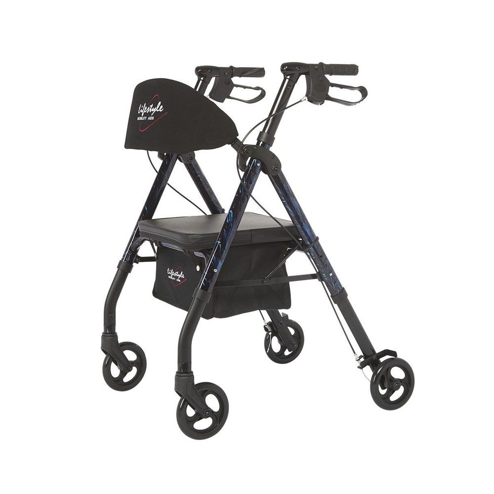4-wheel rollator with padded seat and back, curved handles, dark frame, height adjustable