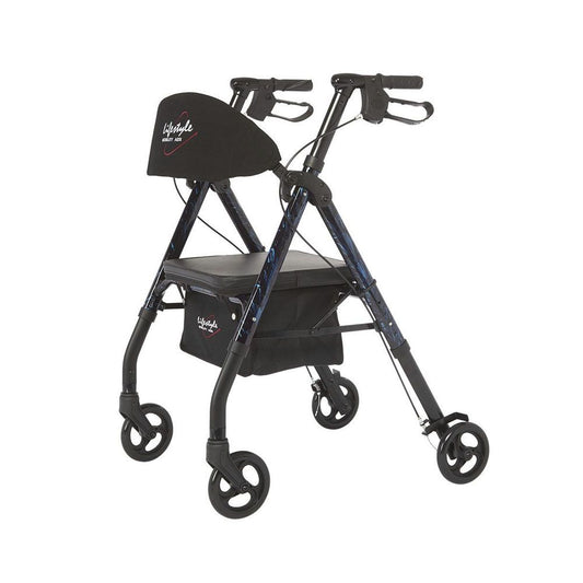 4-wheel rollator with padded seat and back, curved handles, dark frame, height adjustable