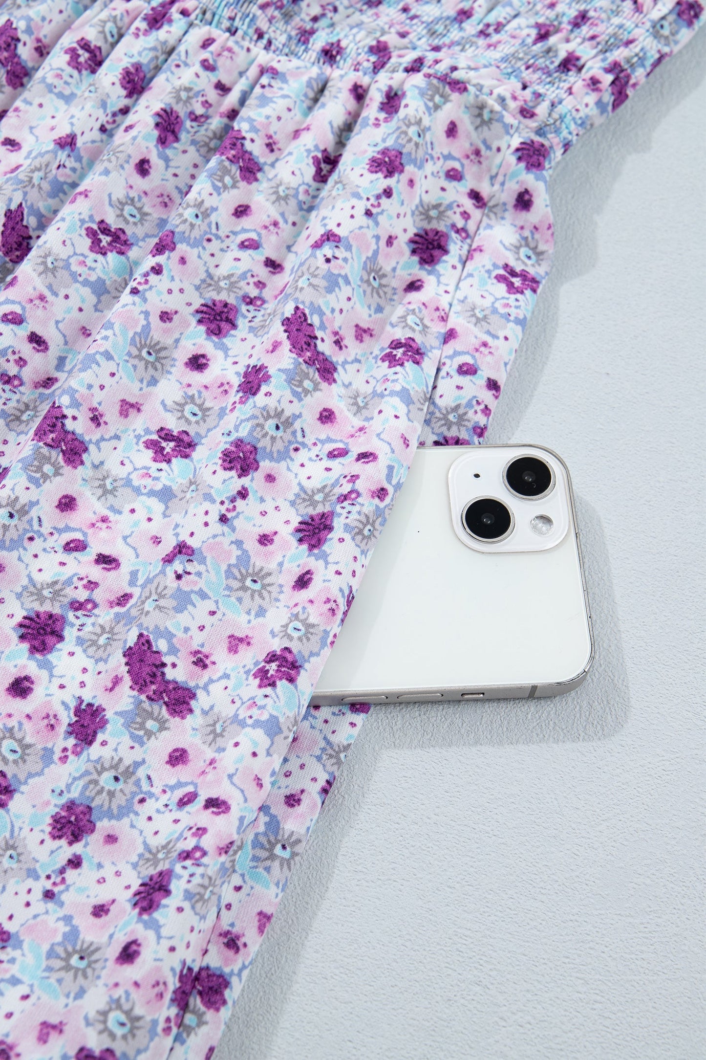 Purple floral maxi dress fabric with smocked detail and short puff sleeves