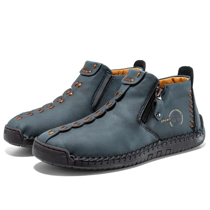 Men's fleece-lined zip-up padded boots, dark blue leather upper, stitched tread sole