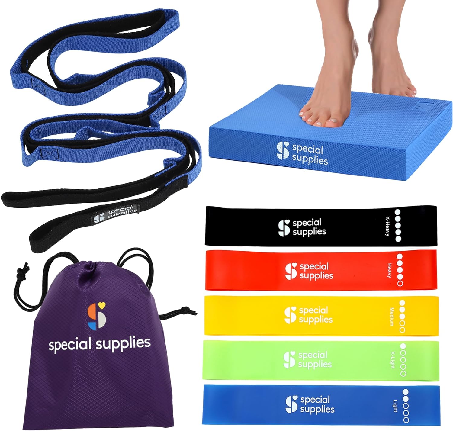 Yoga strap and resistance bands set with purple travel bag and blue foam balance pad