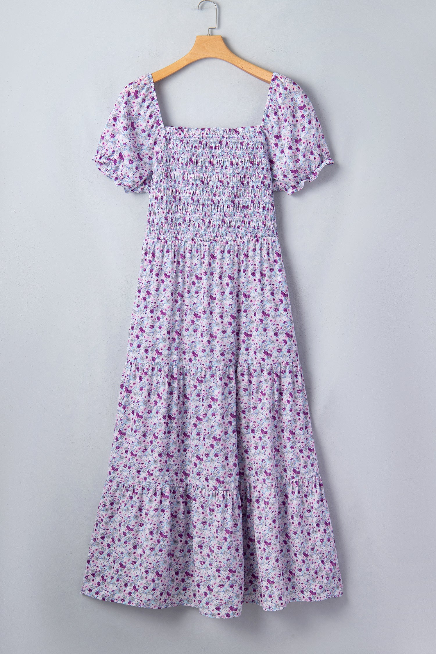 Purple floral PLUS maxi dress with square neckline, smocked bodice, and short puff sleeves