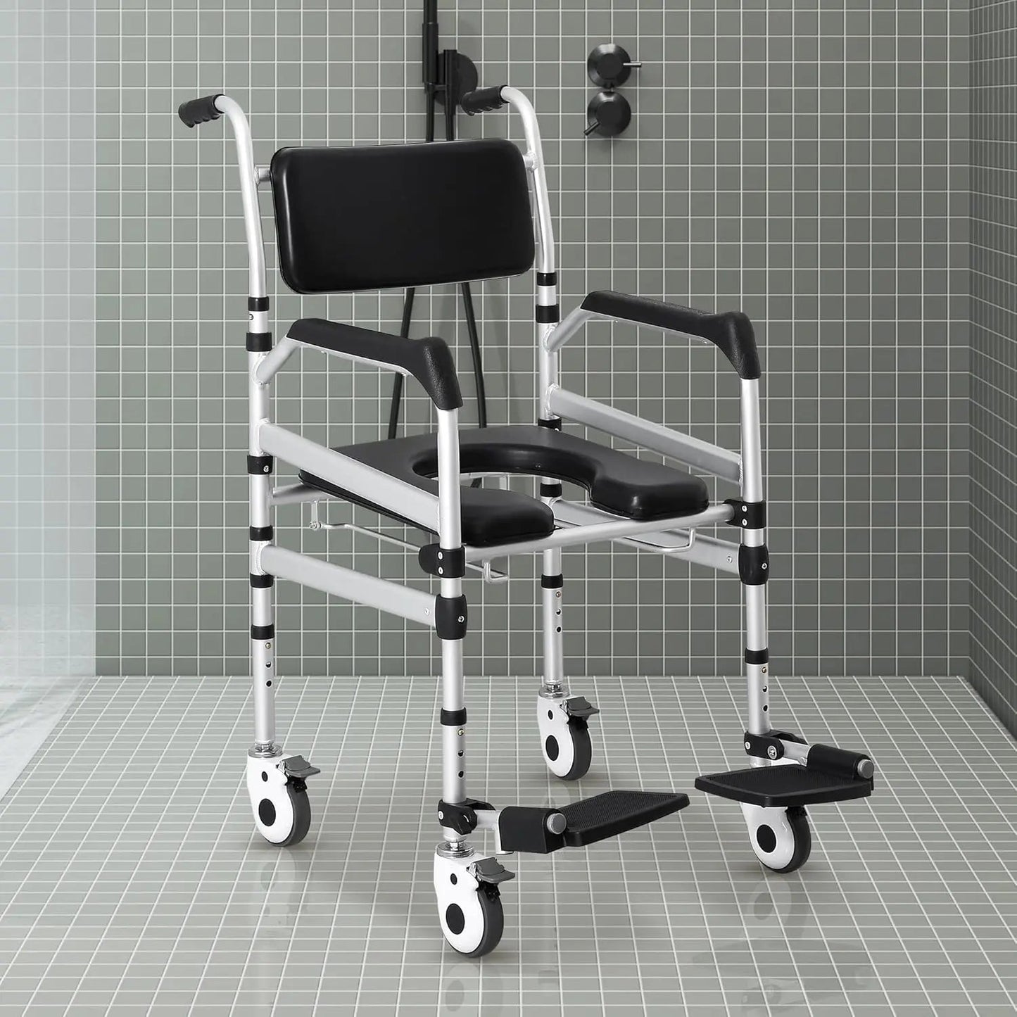 Shower commode wheelchair with black padded seat, armrests, and 4 lockable caster wheels
