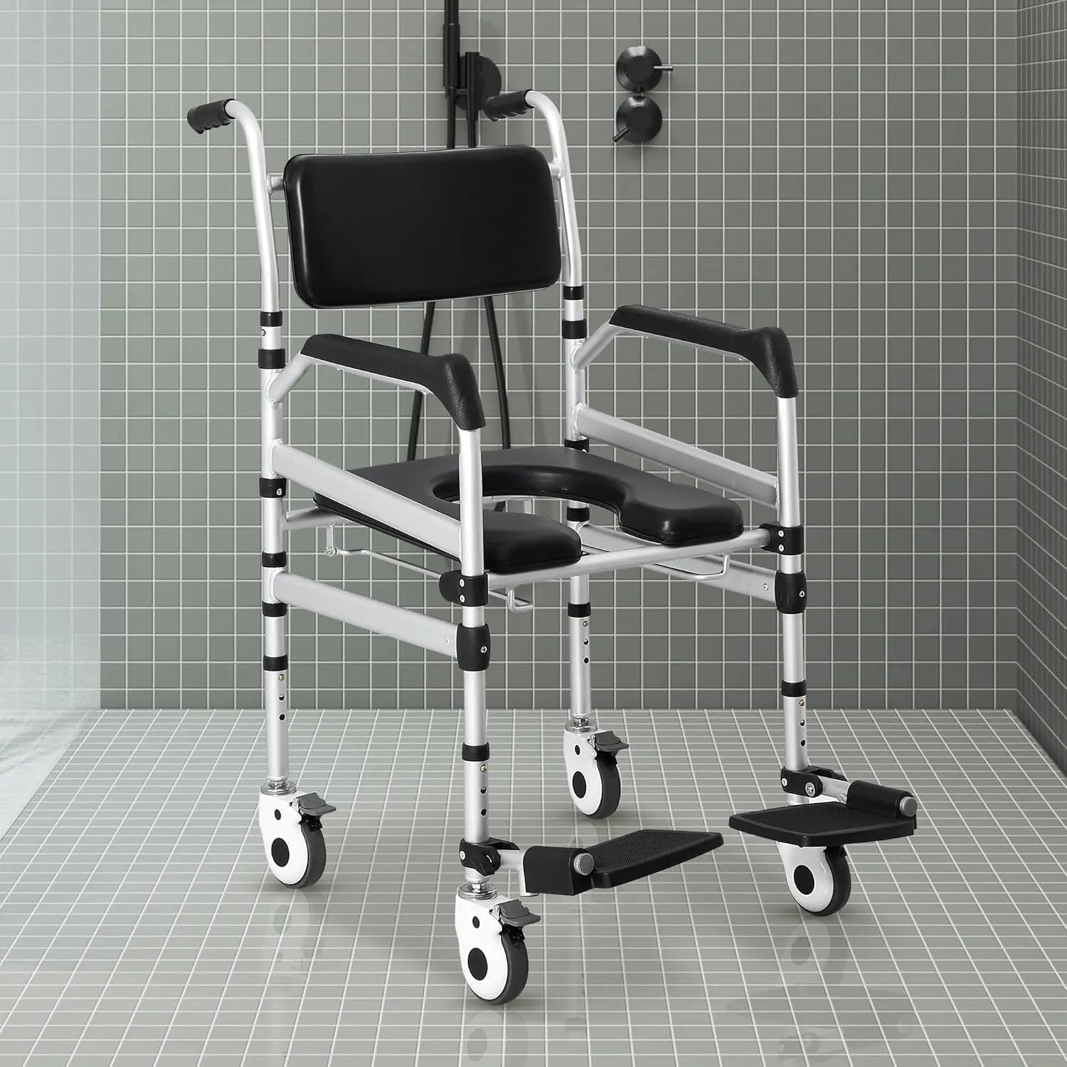 Shower commode wheelchair with black padded seat, armrests, and 4 lockable caster wheels
