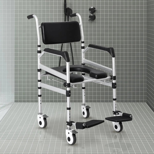 Shower commode wheelchair with black padded seat, armrests, and 4 lockable caster wheels