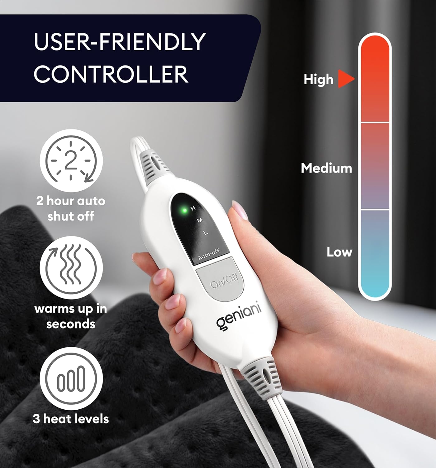 Black heating pad controller with three heat settings and indicator lights