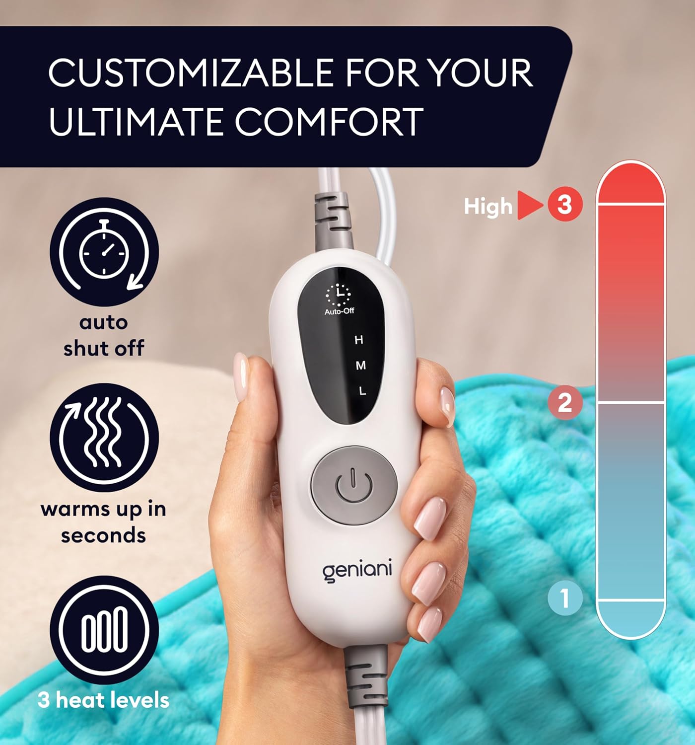 Viridian green heating pad with handheld controller showing heat levels 1–3