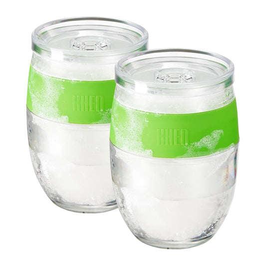 Stemless acrylic wine glasses set of 2, clear with green cooling band and frosted sides