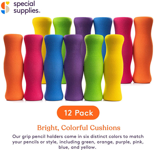 Long Foam Pencil Grips for Kids and Adults (12-Pack) Colorful, Cushioned Holders for Handwriting, Drawing, Coloring | Ergonomic Right or Left-Handed Use | Reusable