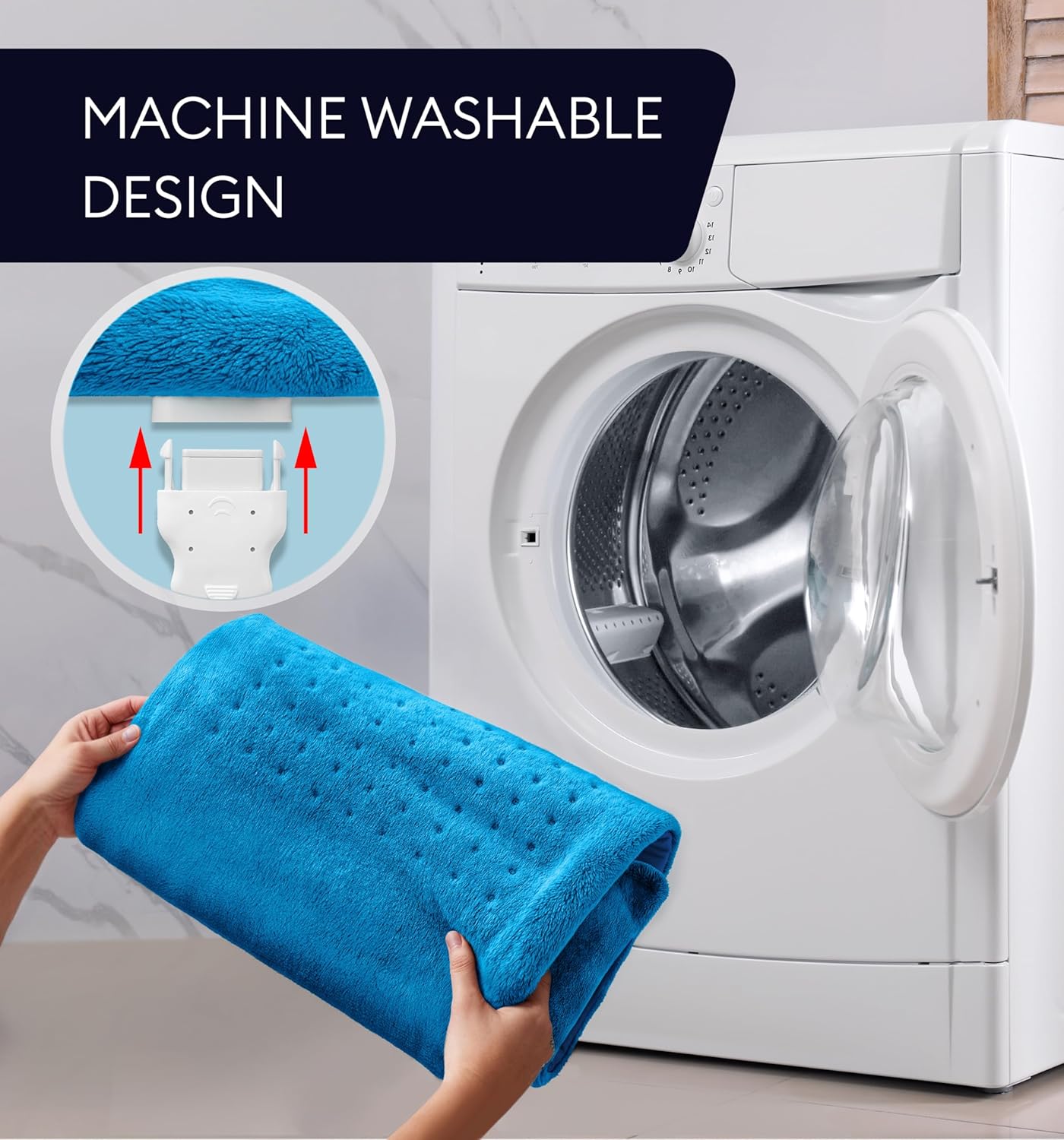 Aqua blue plush heating pad XL next to washing machine with open drum