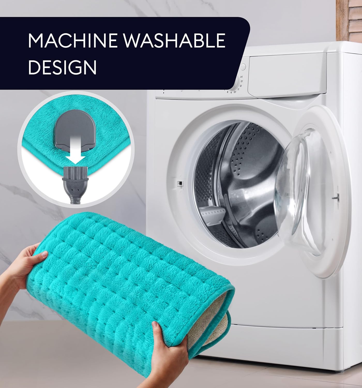 Viridian green heating pad near washing machine, cord connector visible