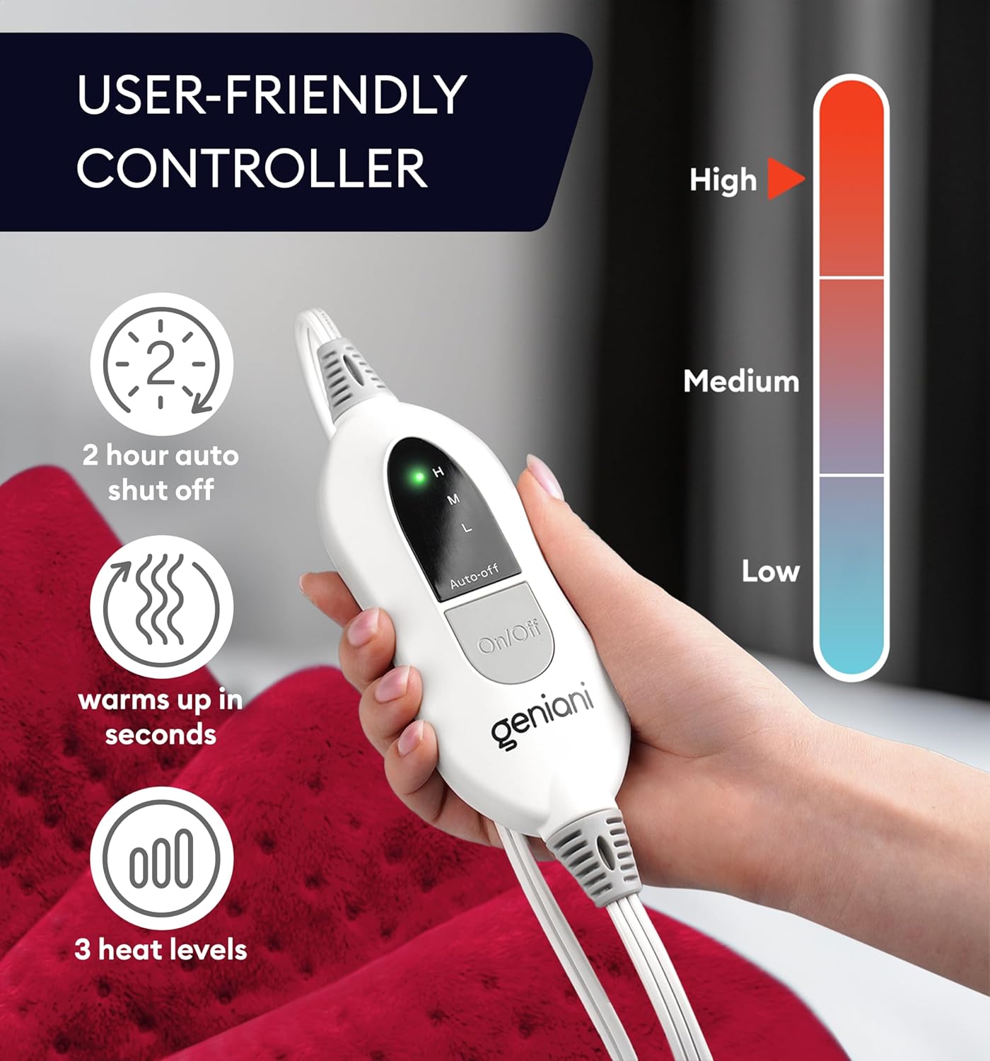 Viva magenta heating pad with handheld controller showing heat levels