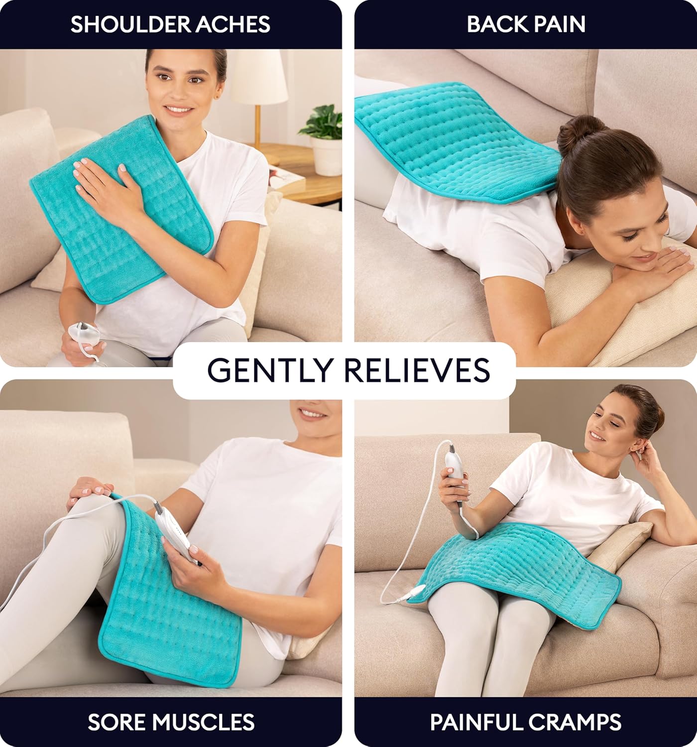Viridian green heating pad folded for shoulder and back use, power cord attached