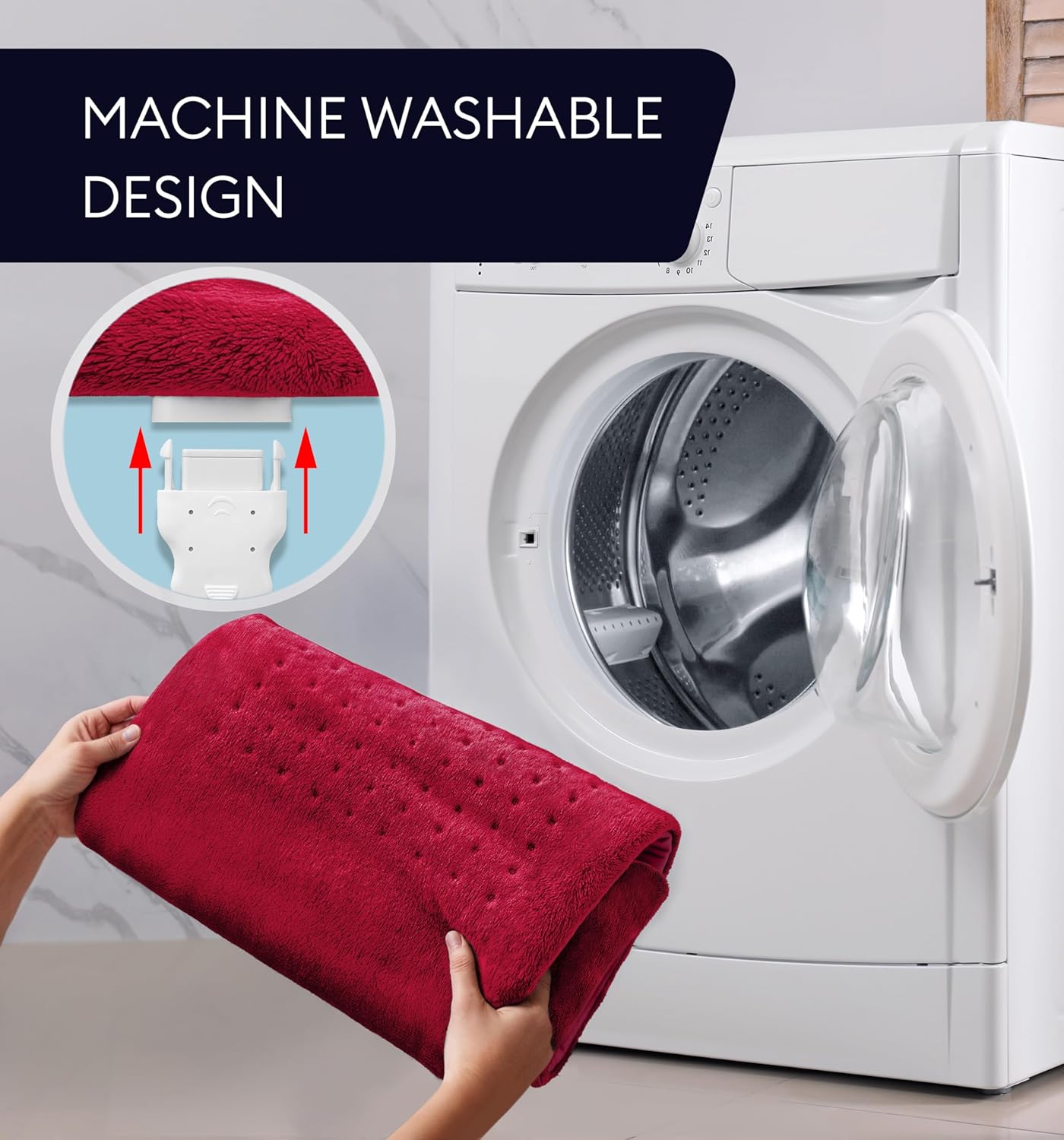Viva magenta heating pad folded beside a washing machine, designed for machine wash