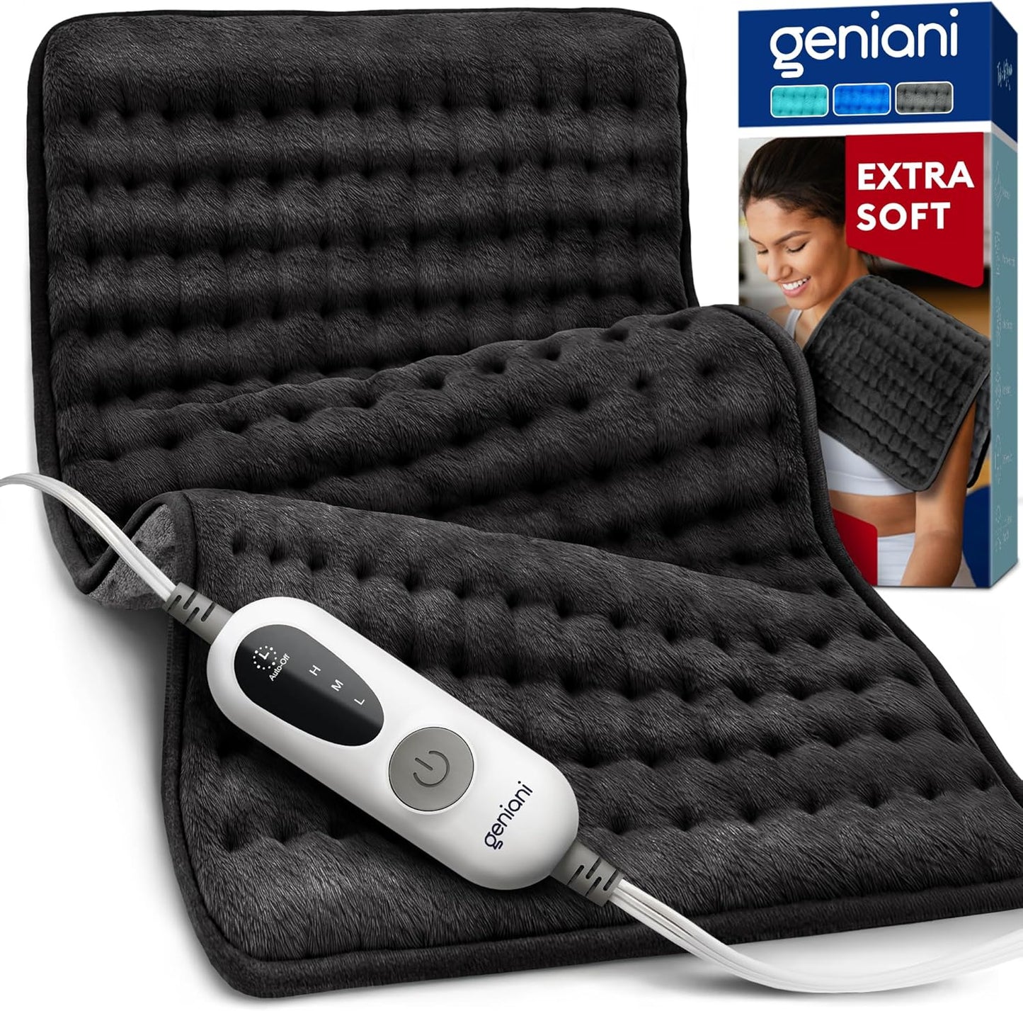 Black double-sided heating pad with handheld controller and power cord, XL size