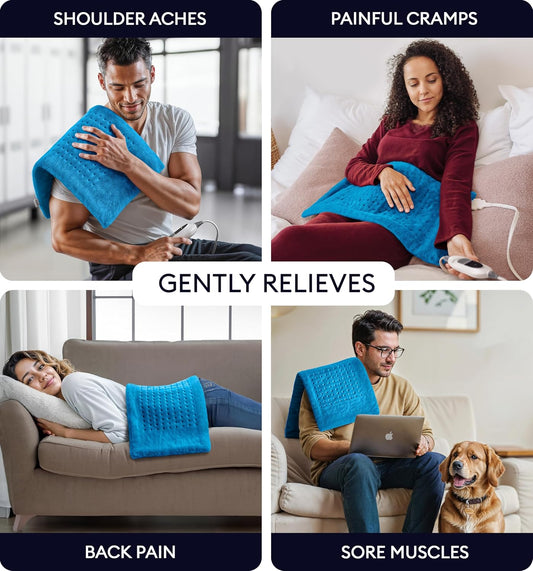 Aqua blue plush heating pad XL with controller, shown for sore muscles