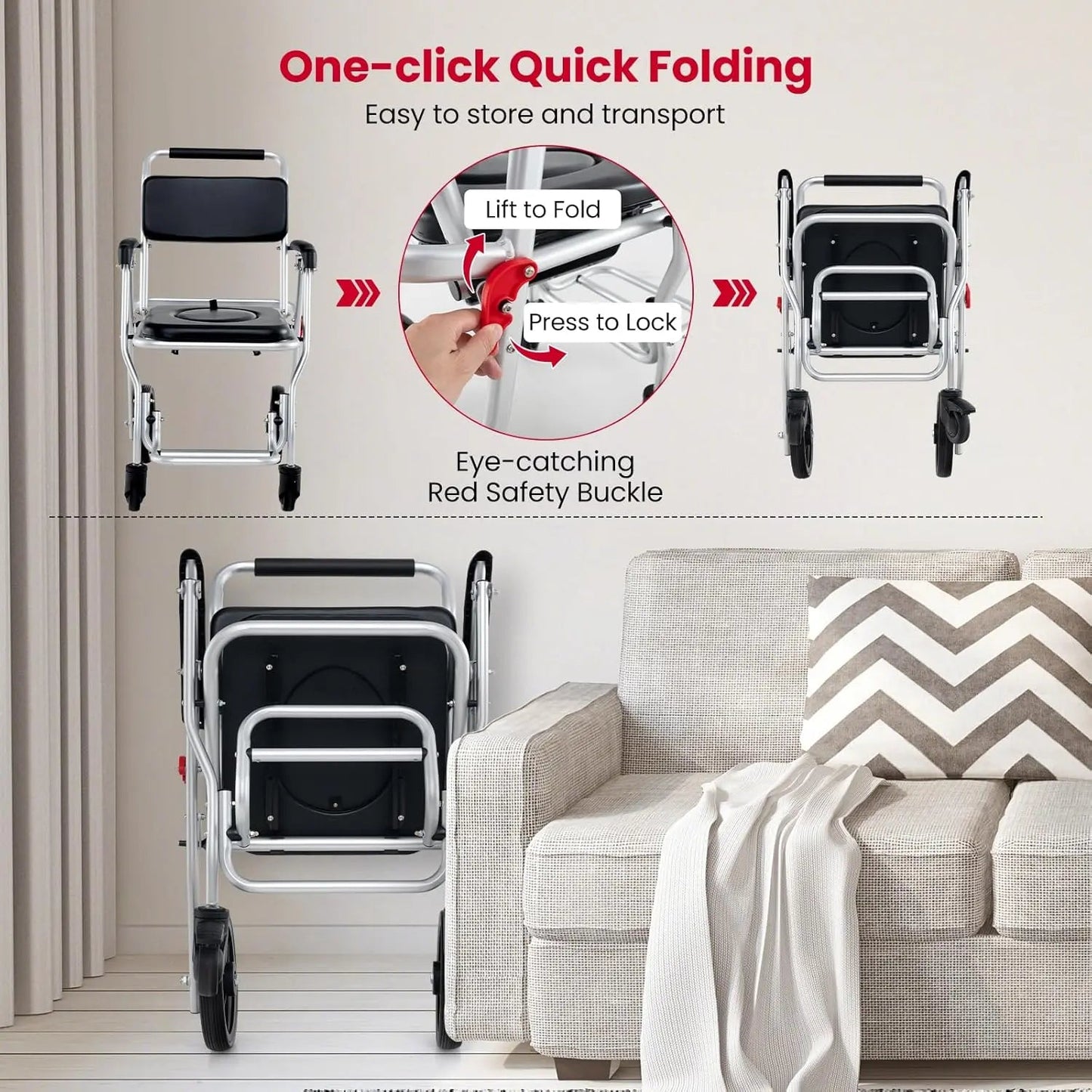 Folded shower commode wheelchair for storage, with red safety latch on the bucket area
