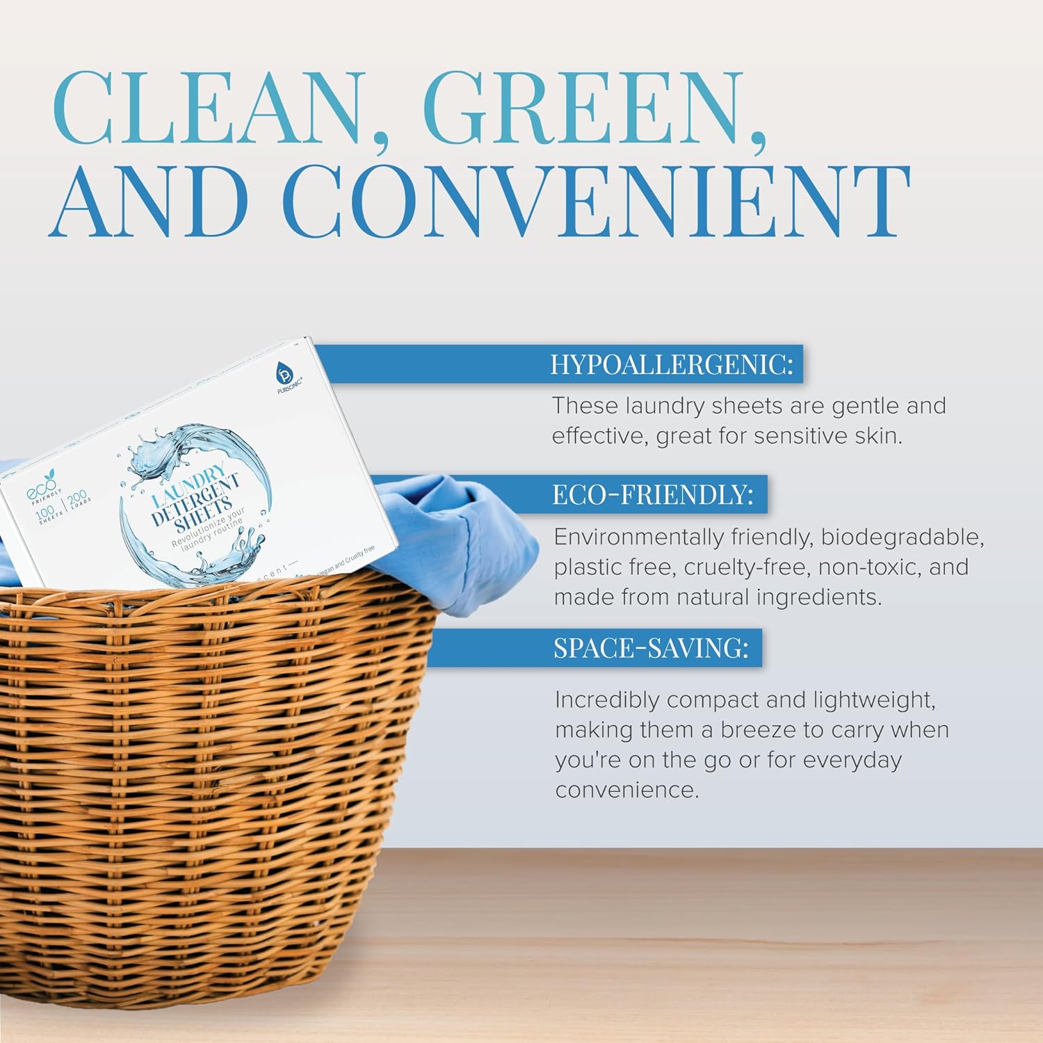 Laundry detergent sheet box partially shown beside basket and product info panel