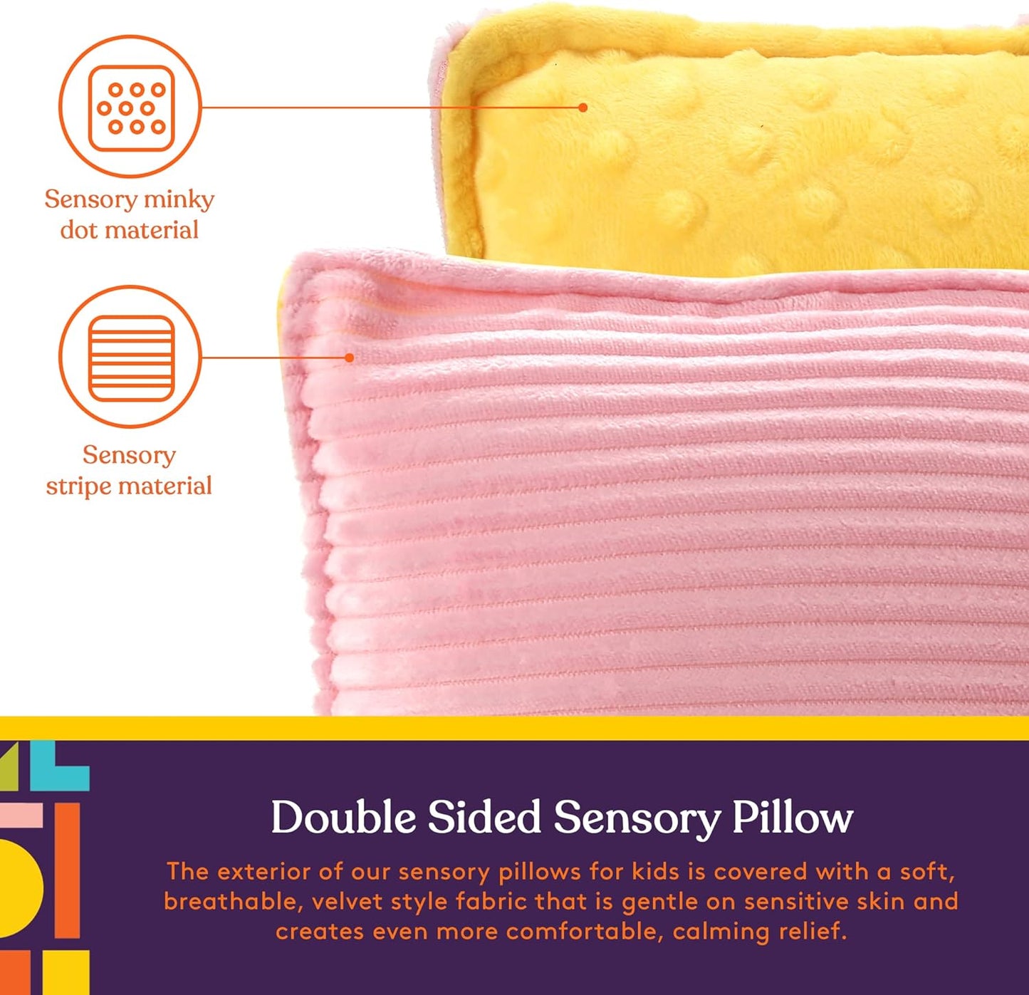 Double-sided sensory vibrating pillow fabric: yellow dot texture and pink stripe texture
