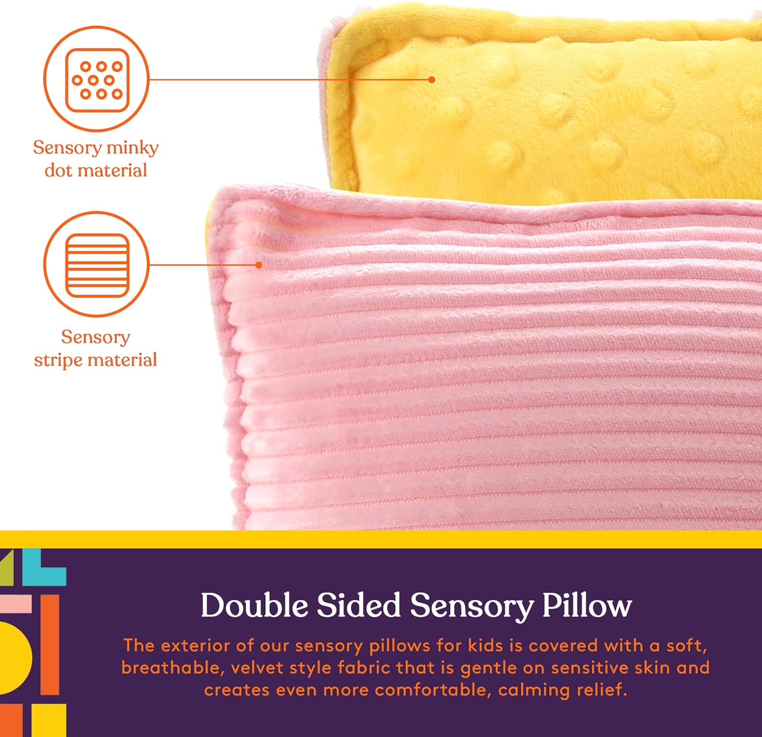 Double-sided sensory vibrating pillow fabric: yellow dot texture and pink stripe texture