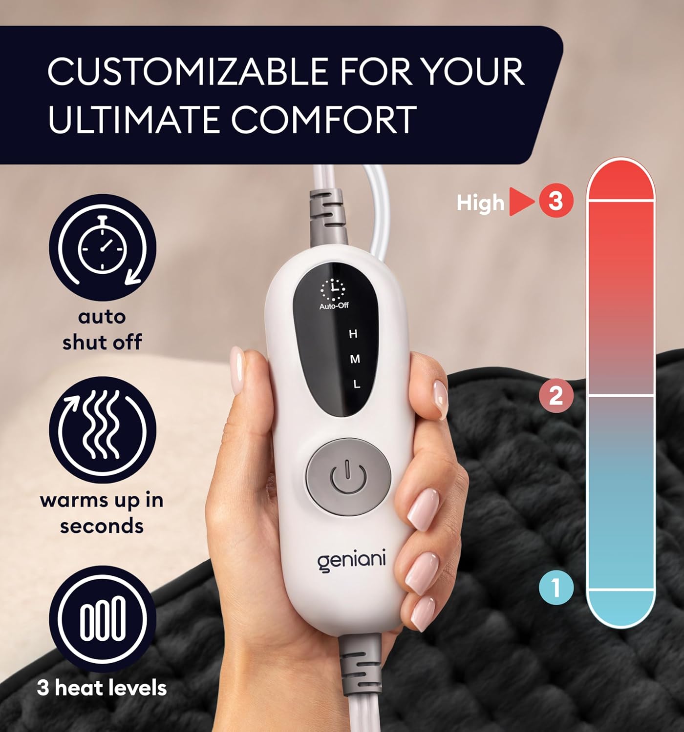 Black heating pad with white controller, 3 heat settings and auto shut-off button
