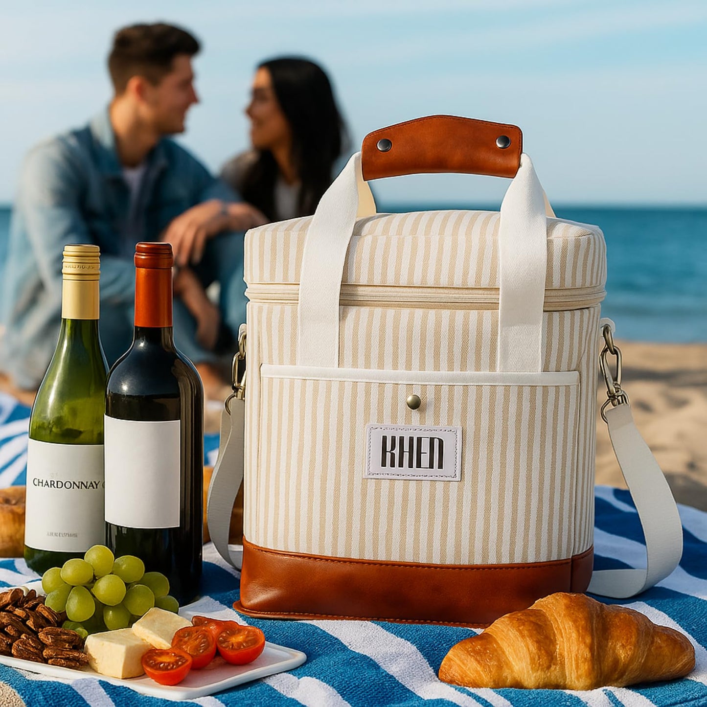 2-bottle wine tote cooler bag, cream striped fabric, brown leather handle and front zipper, shoulder strap