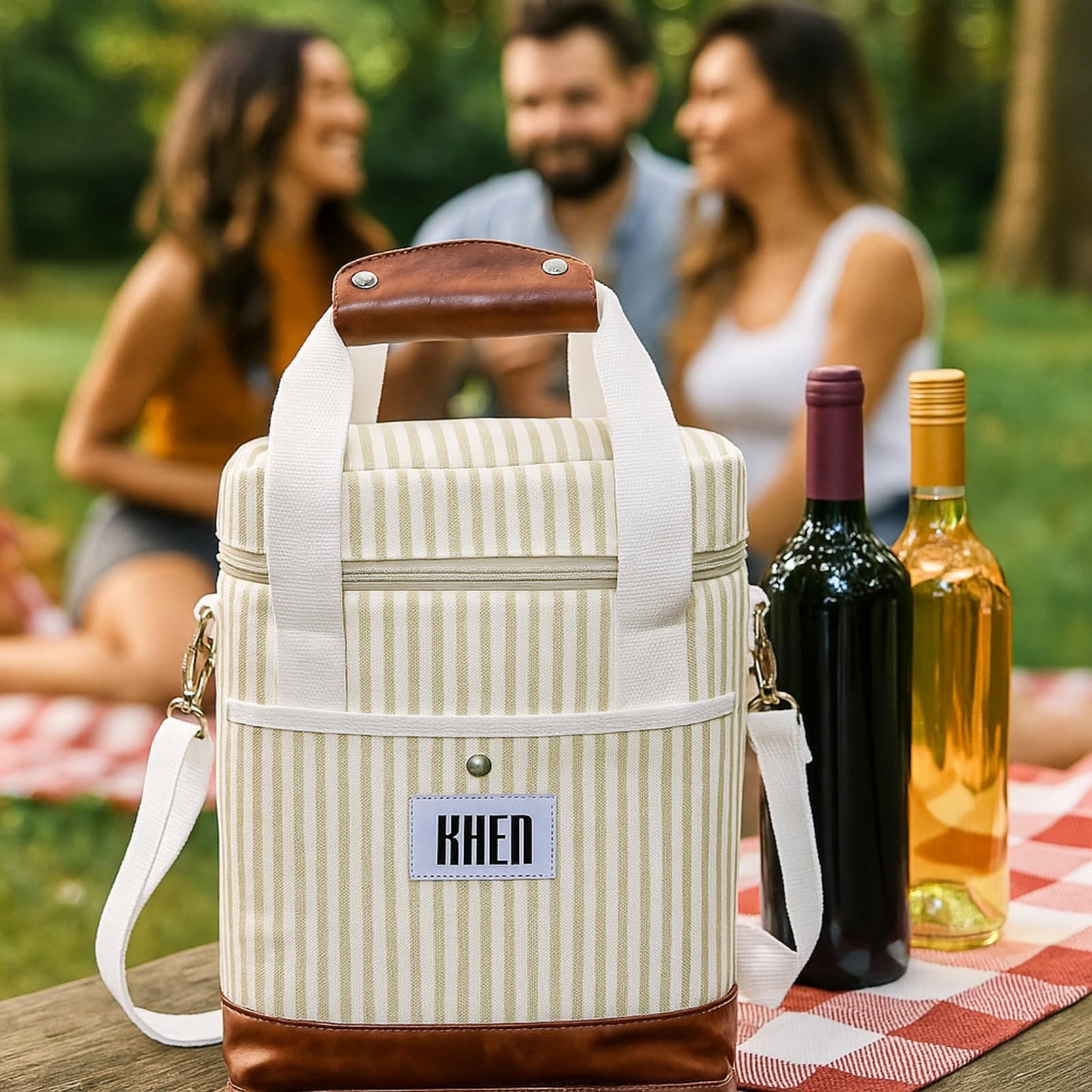 Insulated 2-bottle wine tote cooler bag, cream striped exterior, brown leather handles, front zipper