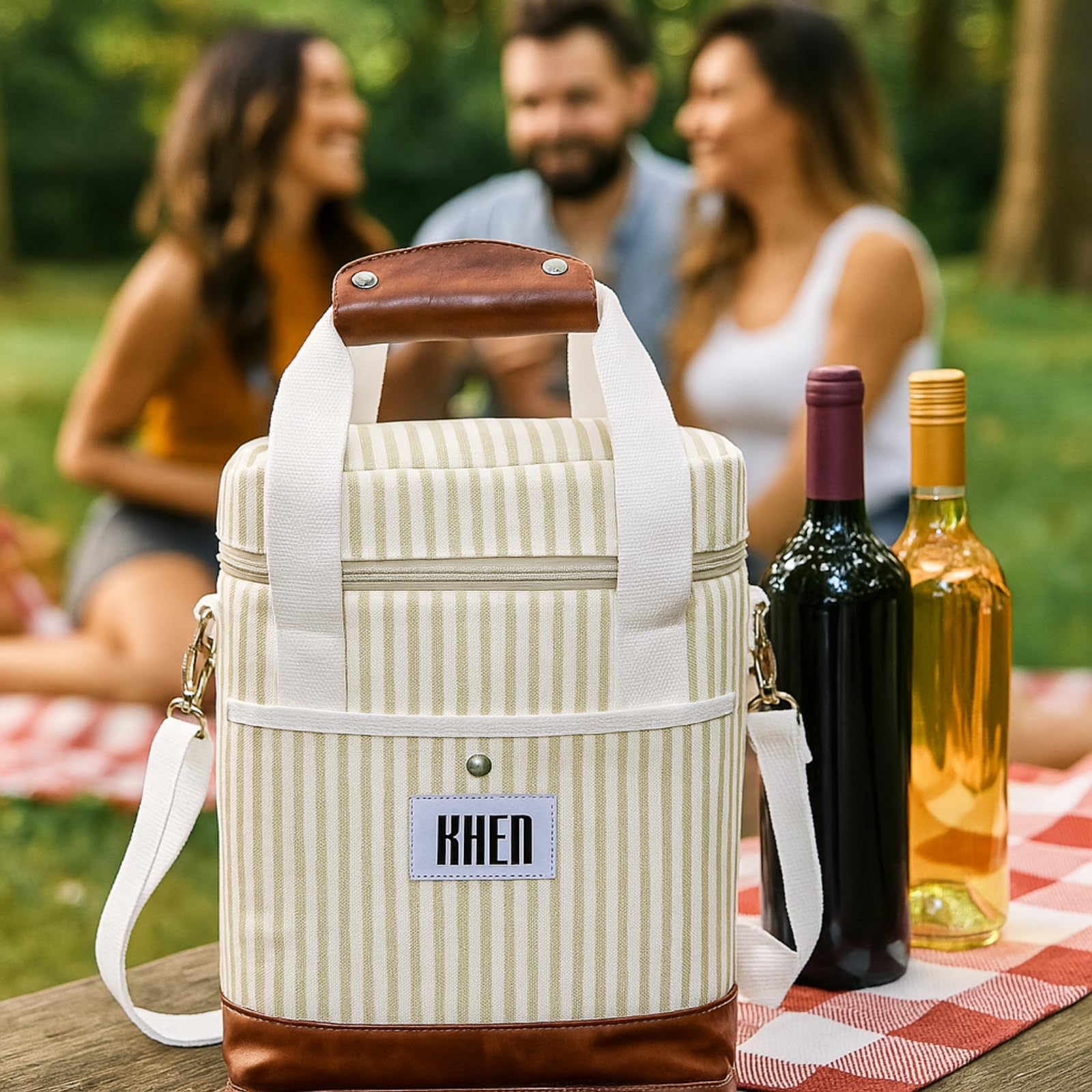 Insulated 2-bottle wine tote cooler bag, cream striped exterior, brown leather handles, front zipper