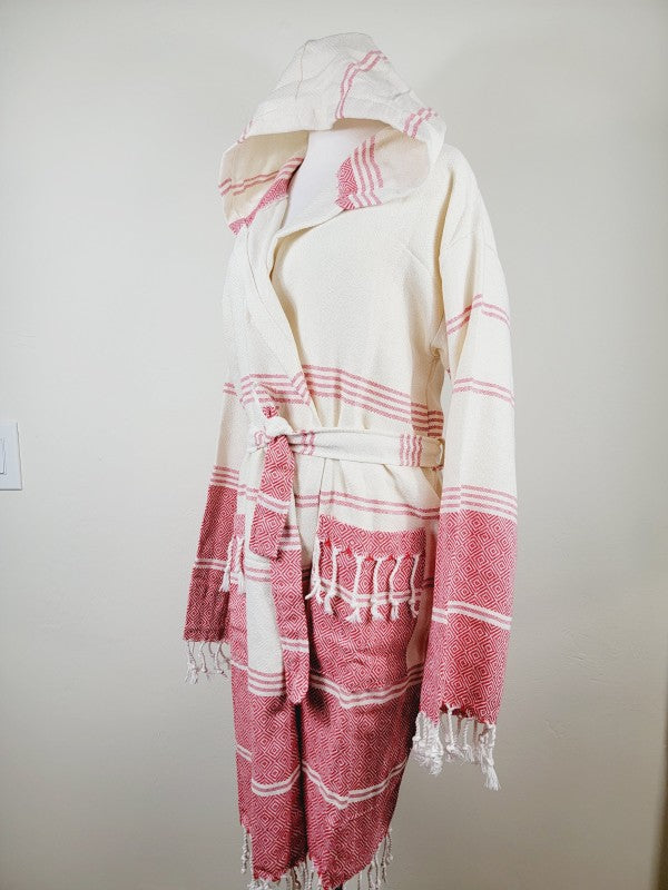 Unisex hooded robe, front side view, striped pockets and tassel trim