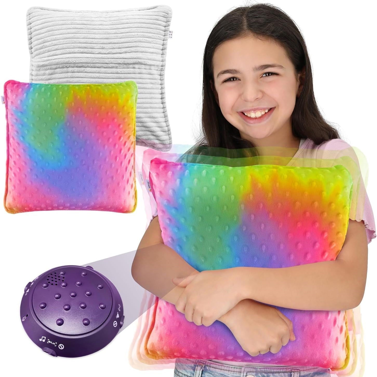 Rainbow gradient plush sensory vibrating pillow with dotted texture, square 12x12 in