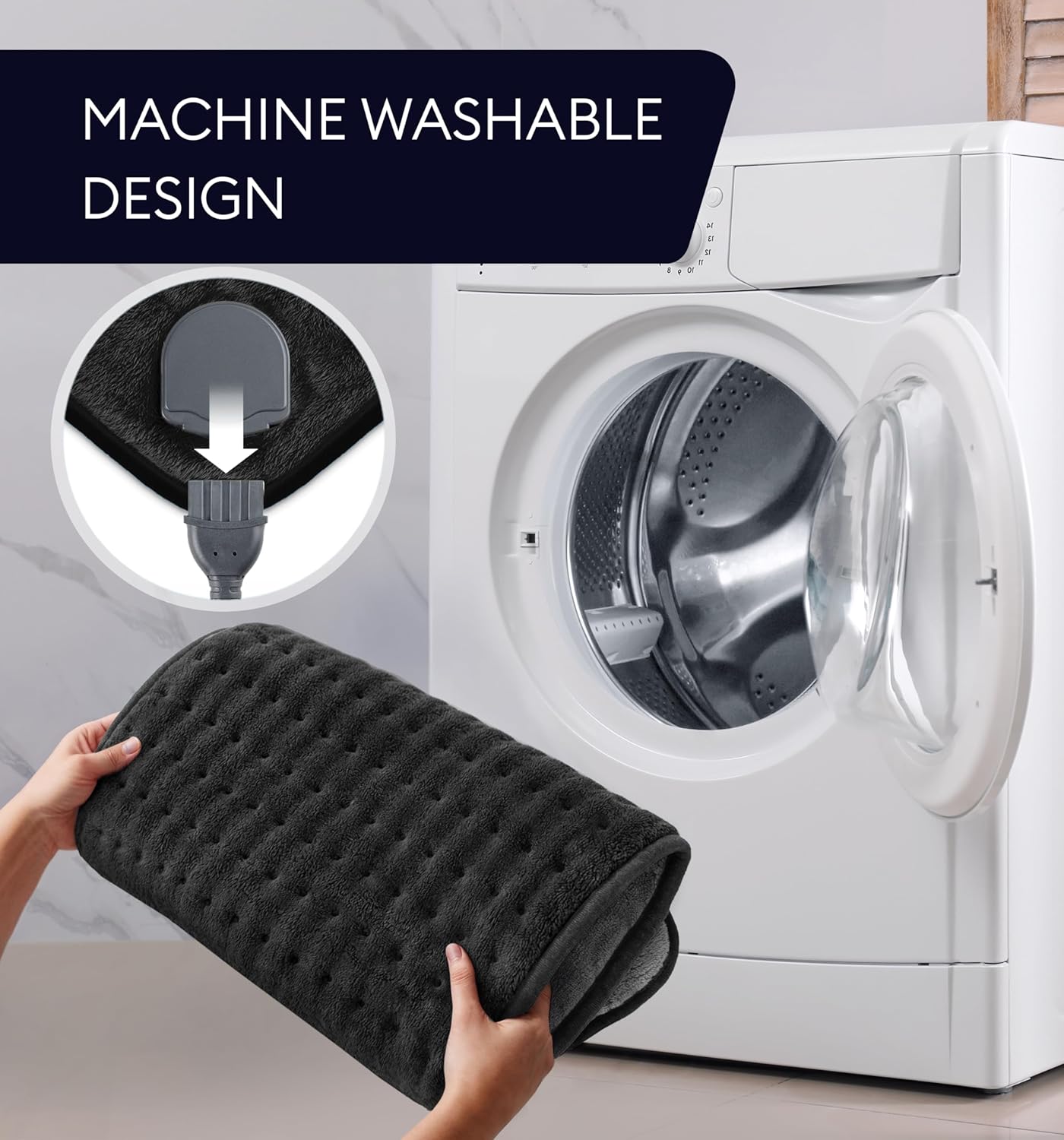 Black heating pad beside washing machine, machine-washable design with power cord