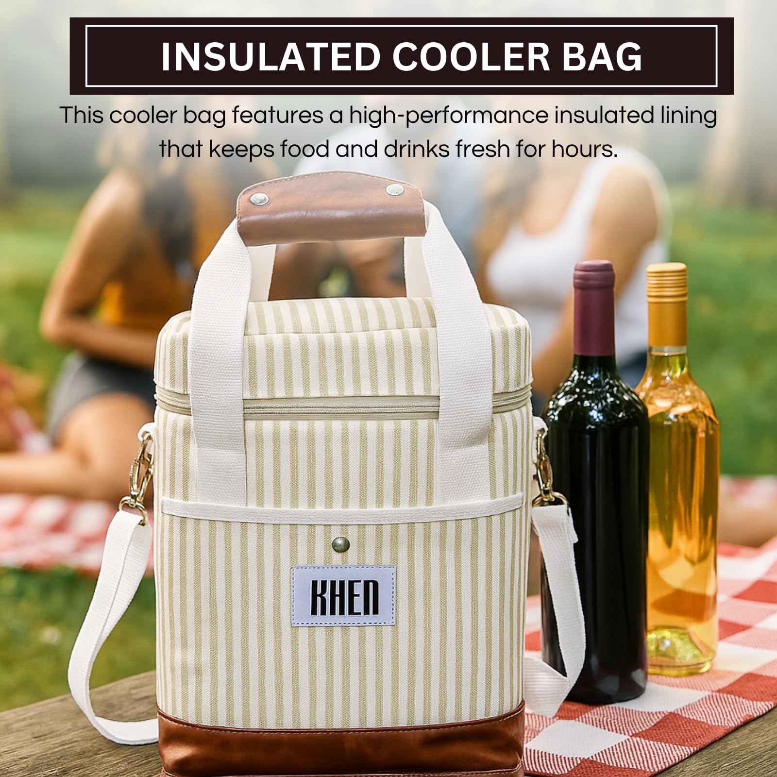 Insulated 2-bottle wine tote cooler bag, cream striped exterior, brown leather base and handle