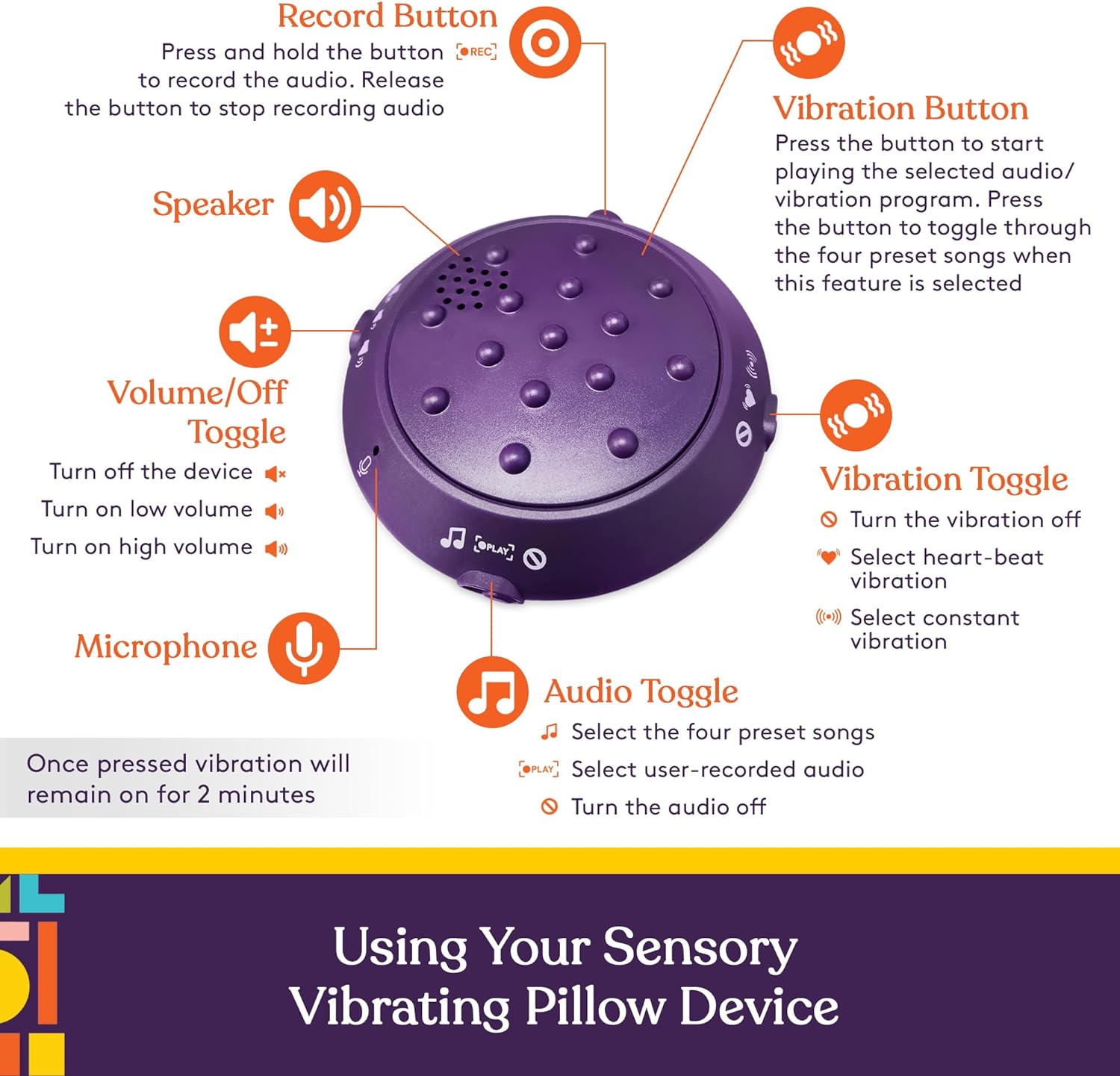 Purple sensory vibrating pillow control device with raised button bumps