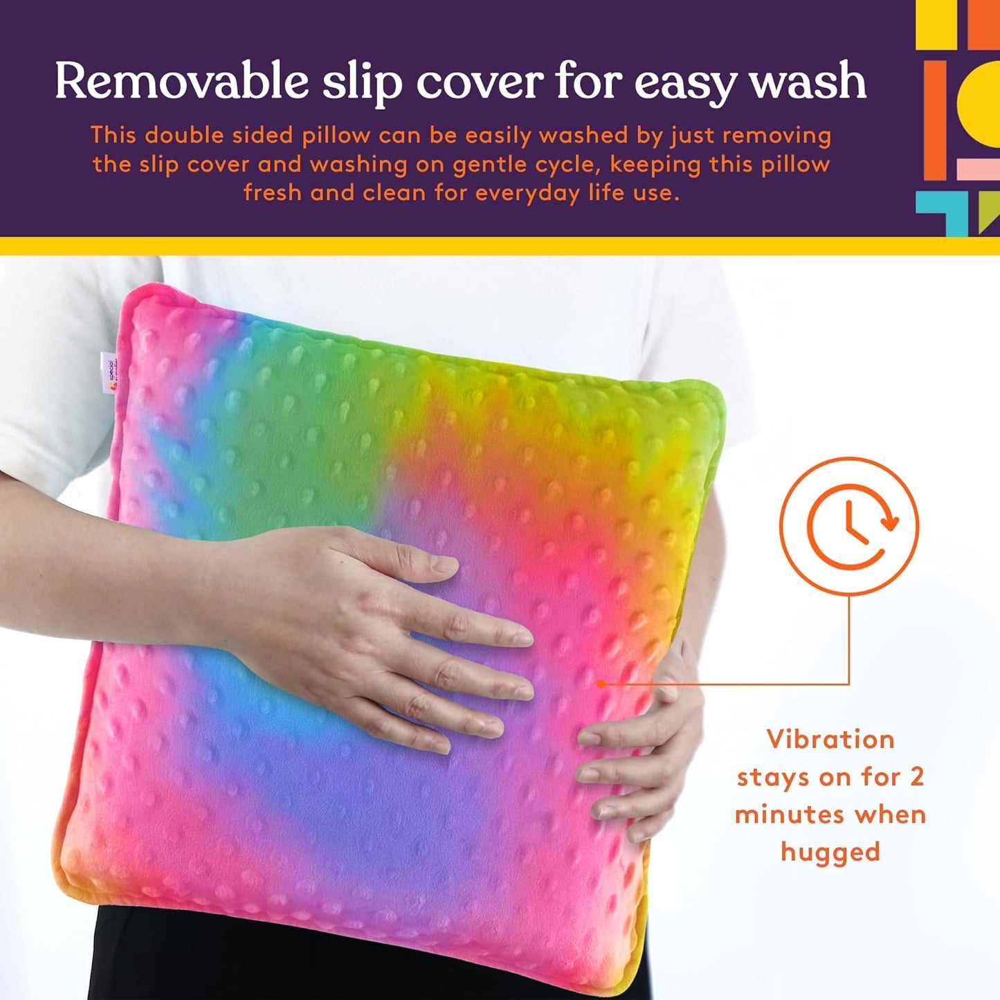 Rainbow gradient plush square sensory pillow with dotted texture, shown in close-up