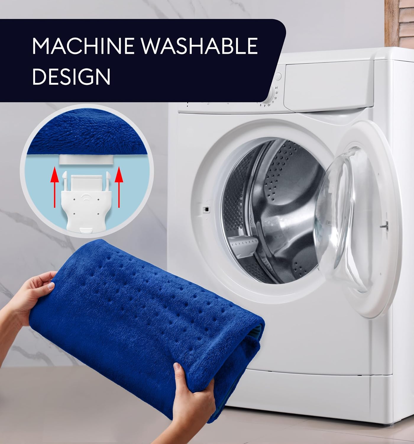 Space blue plush heating pad being held beside a washing machine