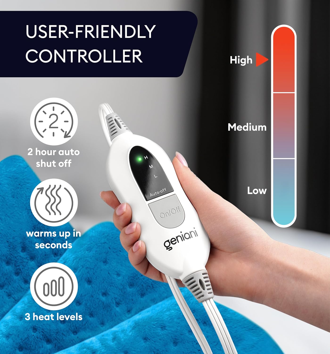 Aqua blue heating pad with inline controller showing low, medium, and high settings