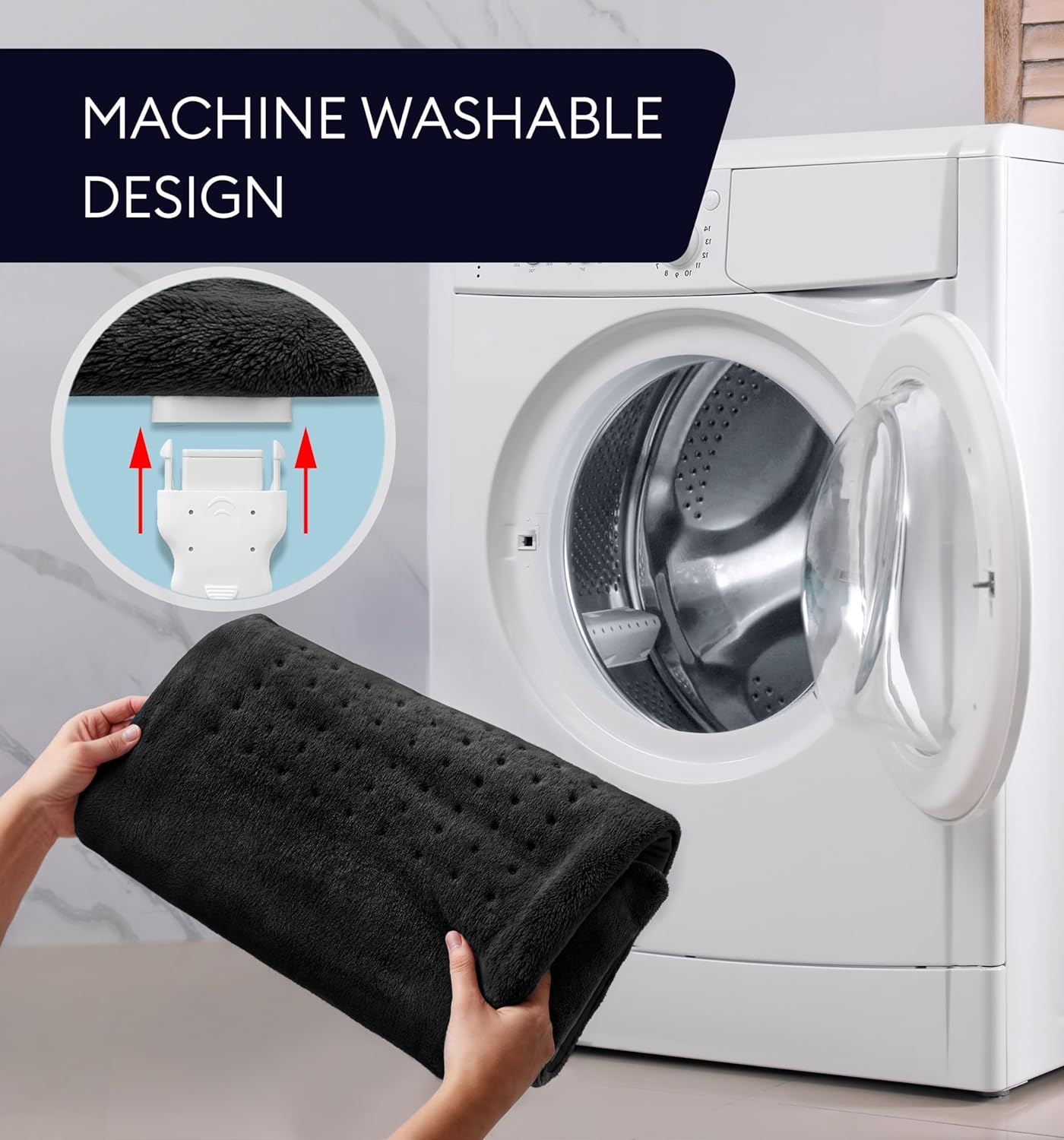 Black heating pad roll being placed into a washing machine for cleaning