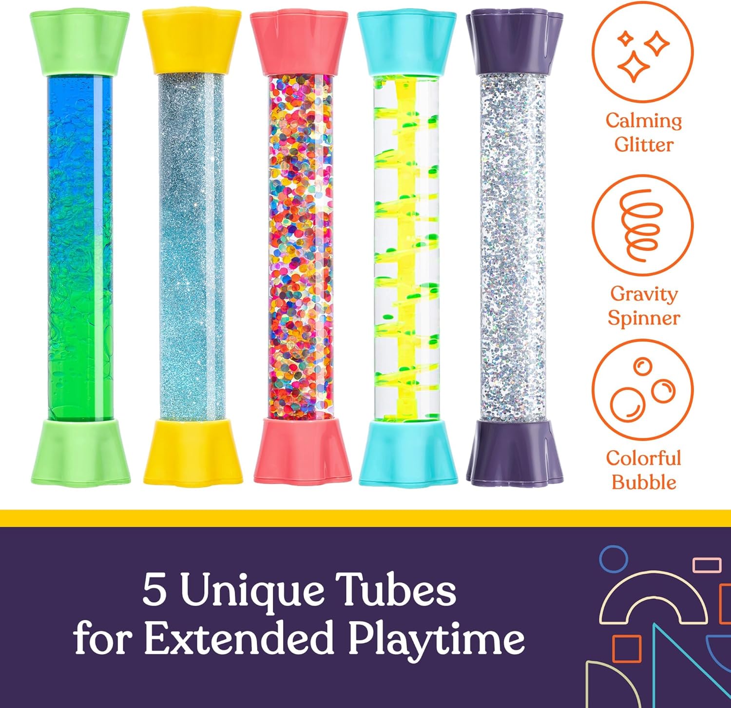 Five colorful liquid motion tubes with glitter and bead-filled chambers, upright