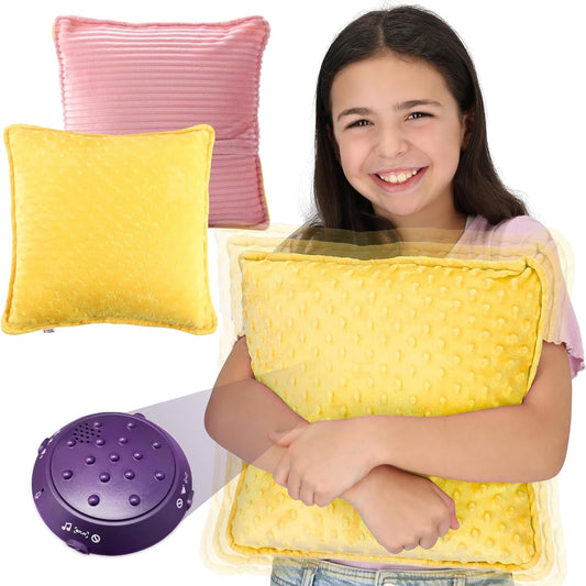 Sensory vibrating pillow set with pink and yellow plush pillows plus purple control device