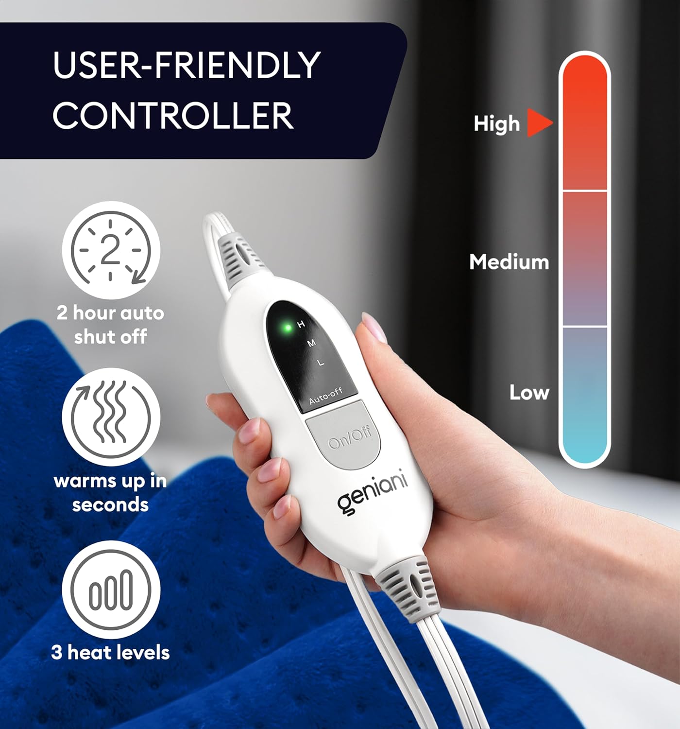 Handheld controller for Space blue heating pad with visible heat level display