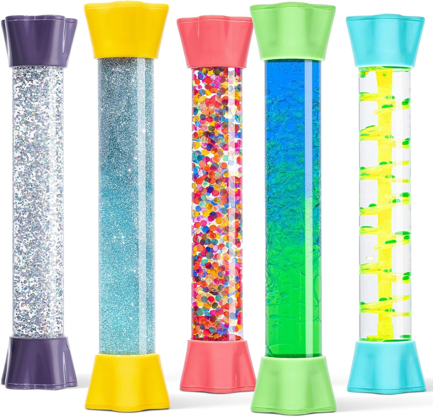 Set of 5 liquid motion sensory tubes with glitter, confetti, and colorful bases