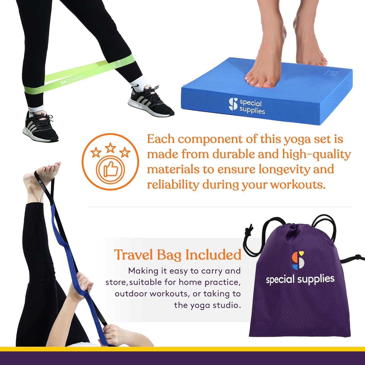 Blue balance pad, blue yoga strap, and purple travel bag for storage