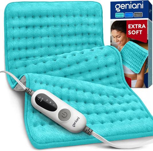 Viridian green double-sided heating pad with controller and attached power cord